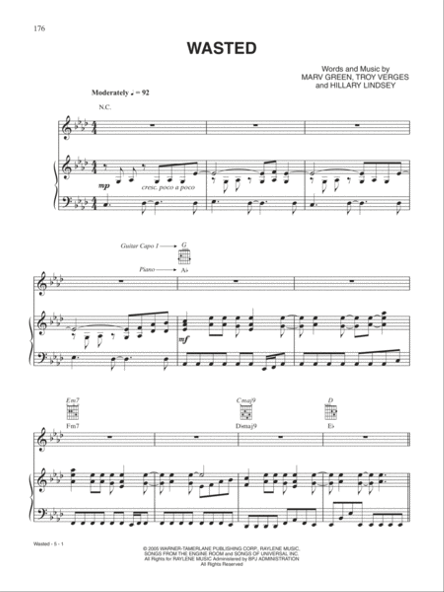 Wasted Piano, Vocal, Guitar scores gallery preview page 1