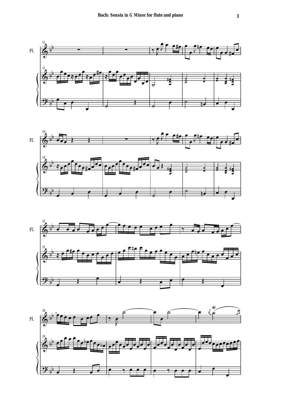 J. S. Bach: Sonata in g minor, BWV 1020 arranged for flute and piano (or harp) Flute Solo scores gallery preview page 3