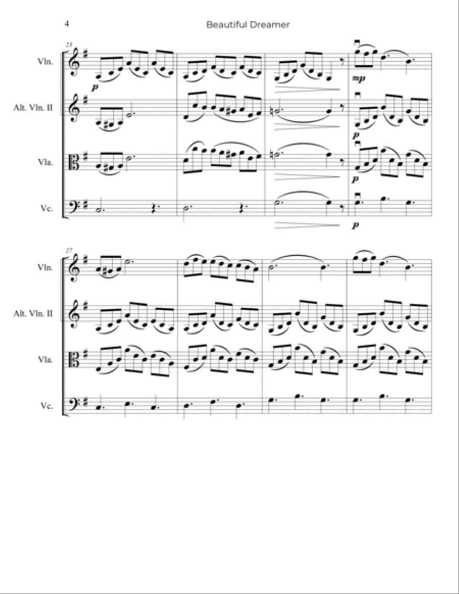 Foster: Beautiful Dreamer - String Trio, or 2 Violins and Cello