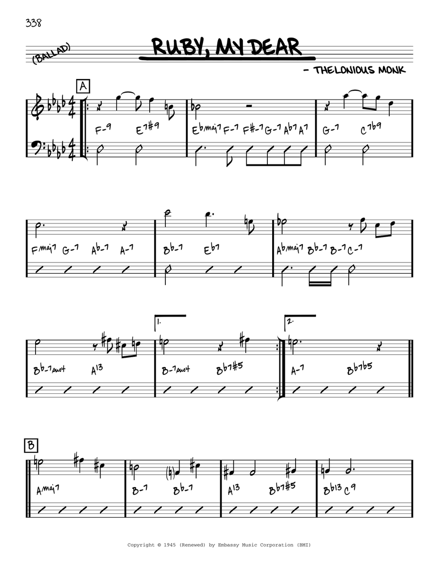 Ruby, My Dear [Reharmonized version] (arr. Jack Grassel) Piano scores gallery preview page 1