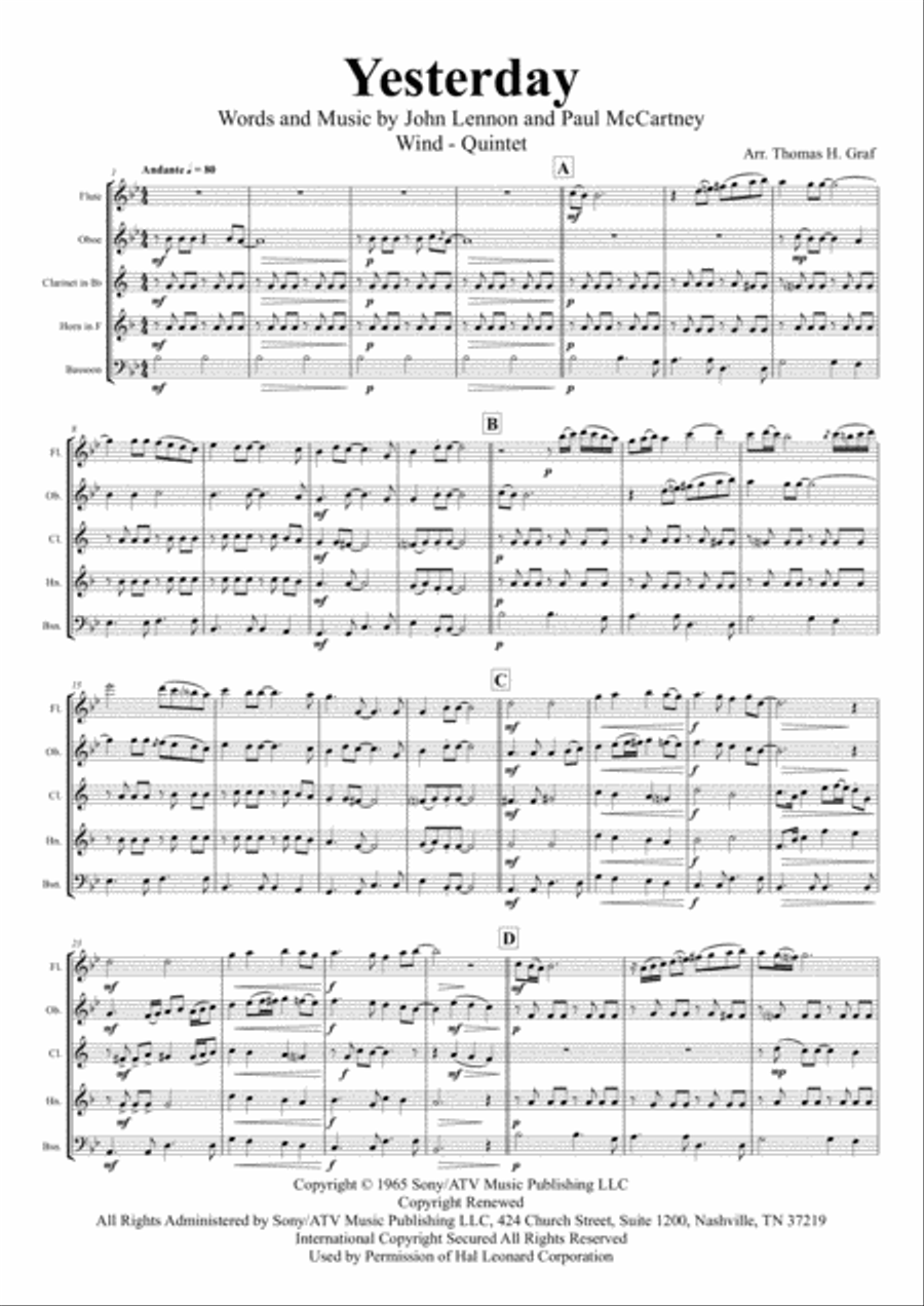 Yesterday Woodwind Quintet scores gallery preview page 2