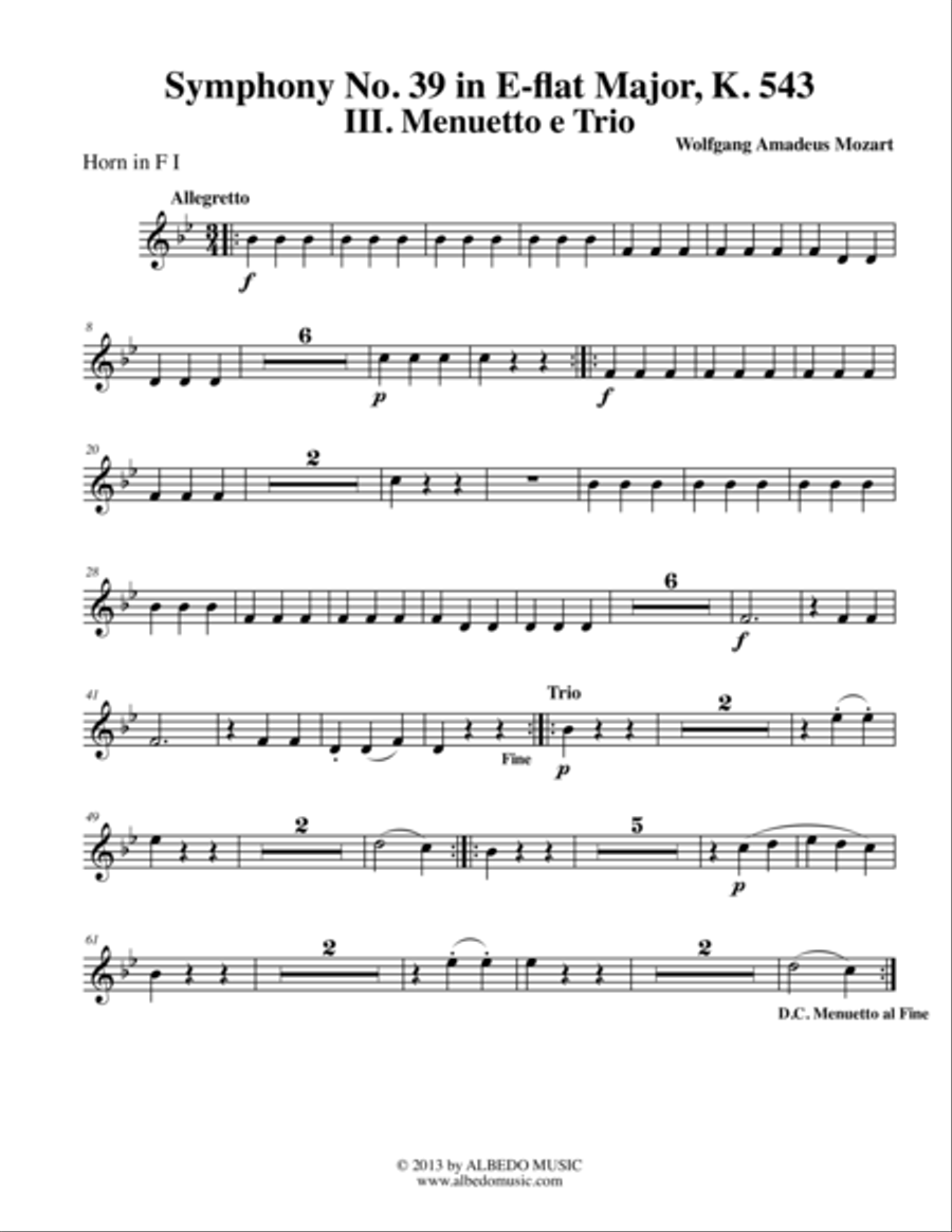 Mozart Symphony No. 39, Movement III - Horn in F 1 (Transposed Part), K. 543 Horn Solo scores gallery preview page 1