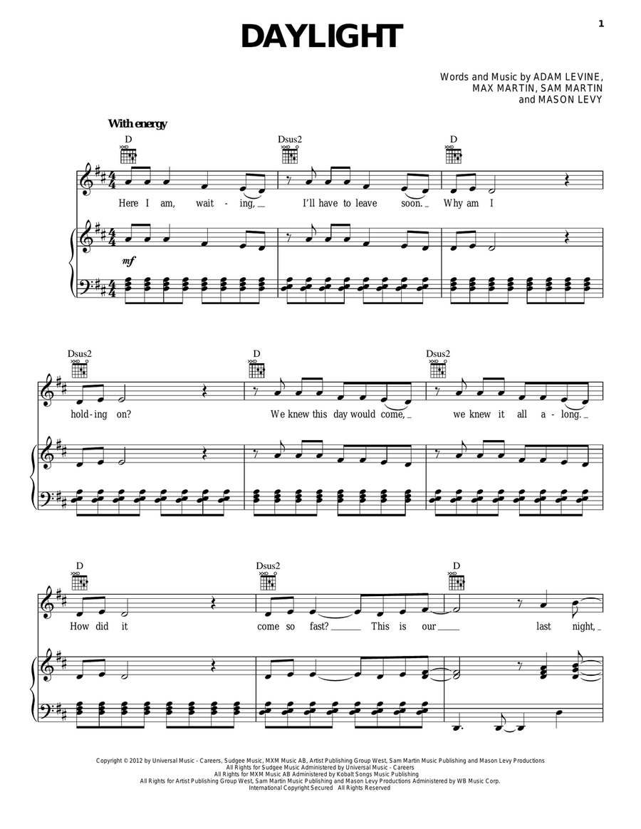 Daylight Piano, Vocal, Guitar scores gallery preview page 1