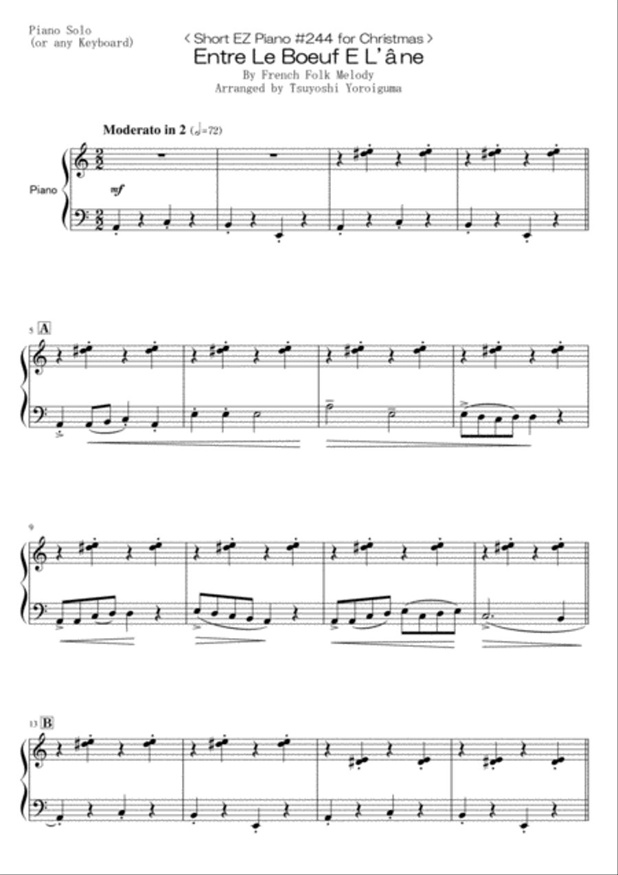 < Short EZ Piano #244 for Christmas > Entre Le Boeuf E L'âne Easy Piano scores gallery preview page 1