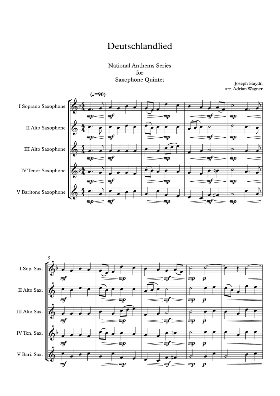 Deutschlandlied (National Anthem of Germany) Saxophone Quintet arr. Adrian Wagner Saxophone Quintet scores gallery preview page 2