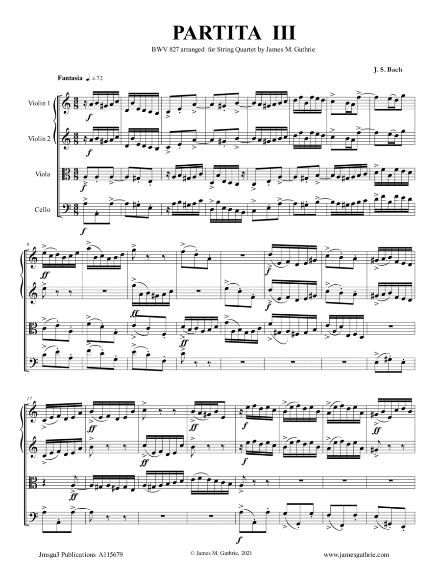 BACH: Partita No. 3 BWV 827 for String Quartet String Quartet scores gallery preview page 1