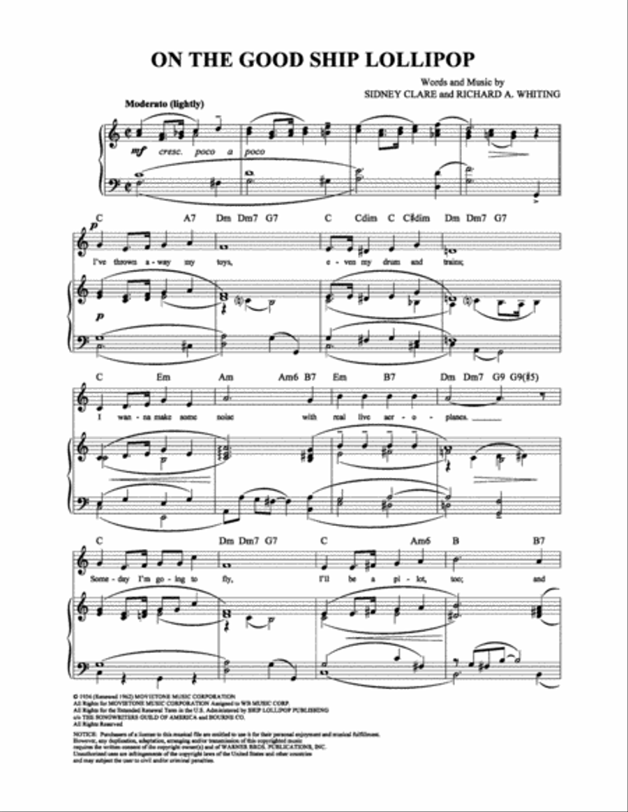 On the Good Ship Lollipop Piano, Vocal, Guitar scores gallery preview page 1