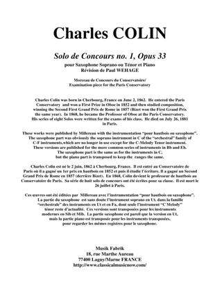 Charles COLIN Solo de Concours no. 1, Opus 33 , arranged for Bb soprano or tenor saxophone and piano