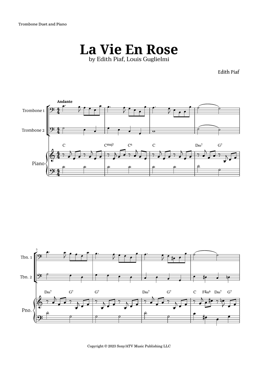 La Vie En Rose Trombone Duet scores gallery preview page 1