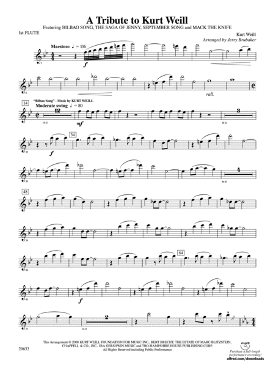 A Tribute to Kurt Weill: Flute Concert Band scores gallery preview page 1
