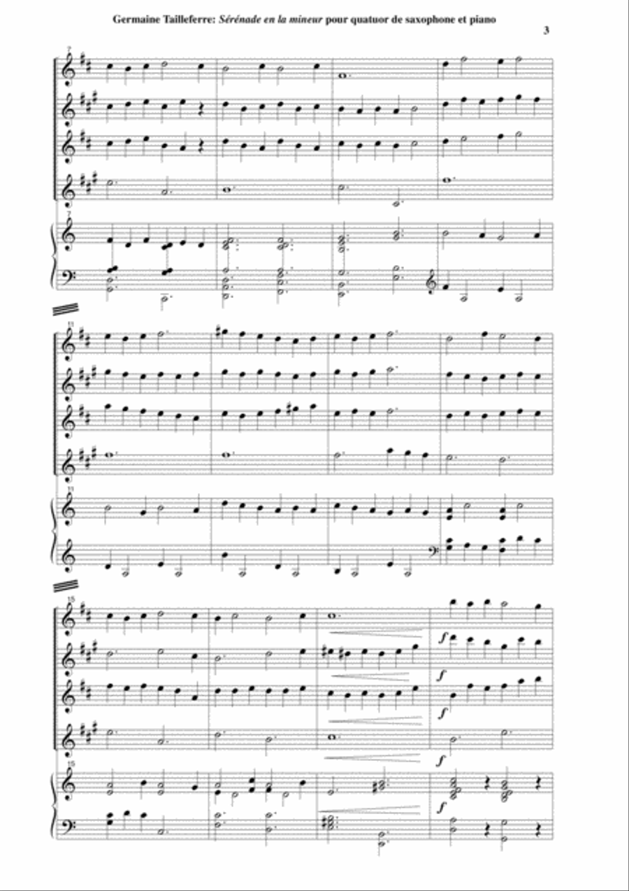 Germaine Tailleferre: Sérénade en La Mineur for SATB saxophone quartet and piano or harpsichord Woodwind Quartet scores gallery preview page 3