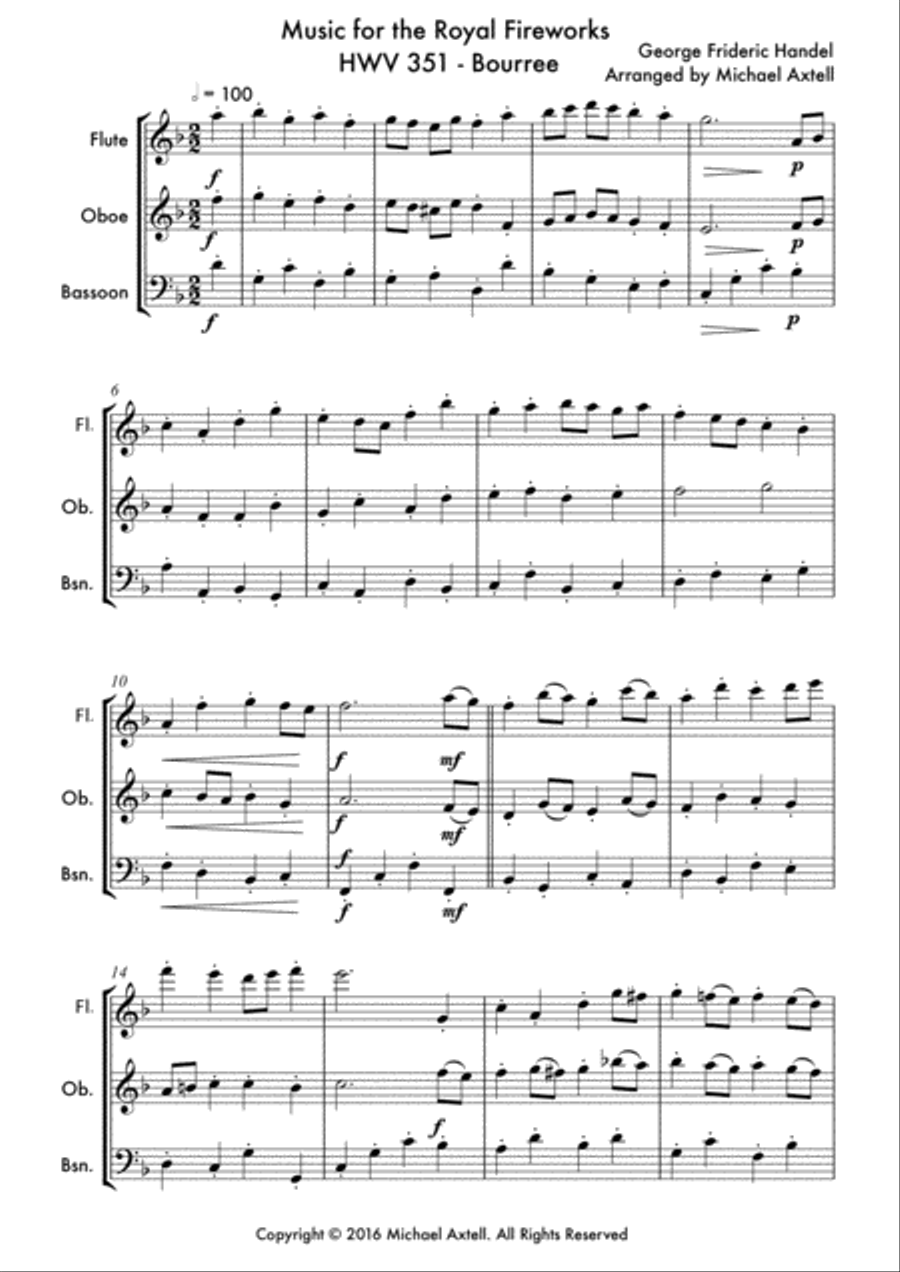Music for the Royal Fireworks HWV 351 - Bourree by George Frideric Handel Woodwind Trio scores gallery preview page 2