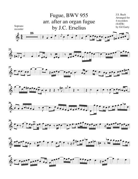 Fugue arranged after an organ fugue by J.C. Erselius, BWV 955 (arrangement for 4 recorders)