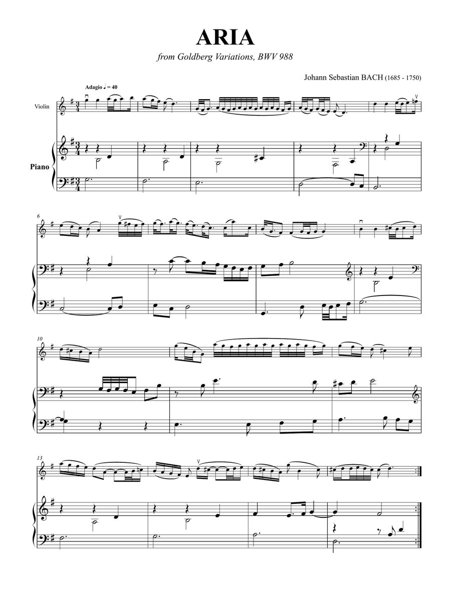 ARIA - for Violin Solo and Piano (from Goldberg Variations, BWV 988) Violin Solo scores gallery preview page 3