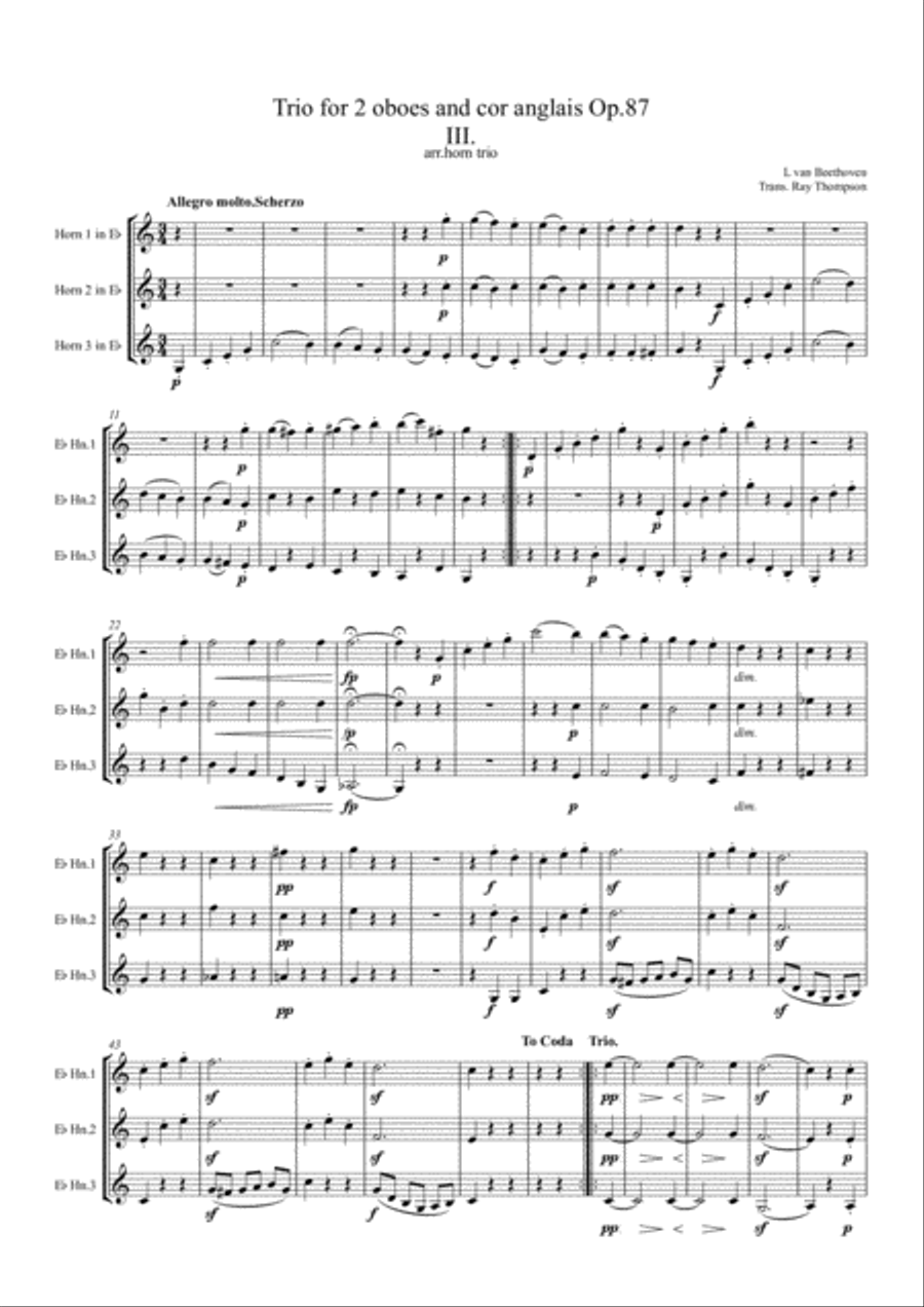 Beethoven: Wind Trio in C Major Op.87 Mvt.III Menuetto and Trio - horn trio Woodwind Trio scores gallery preview page 1