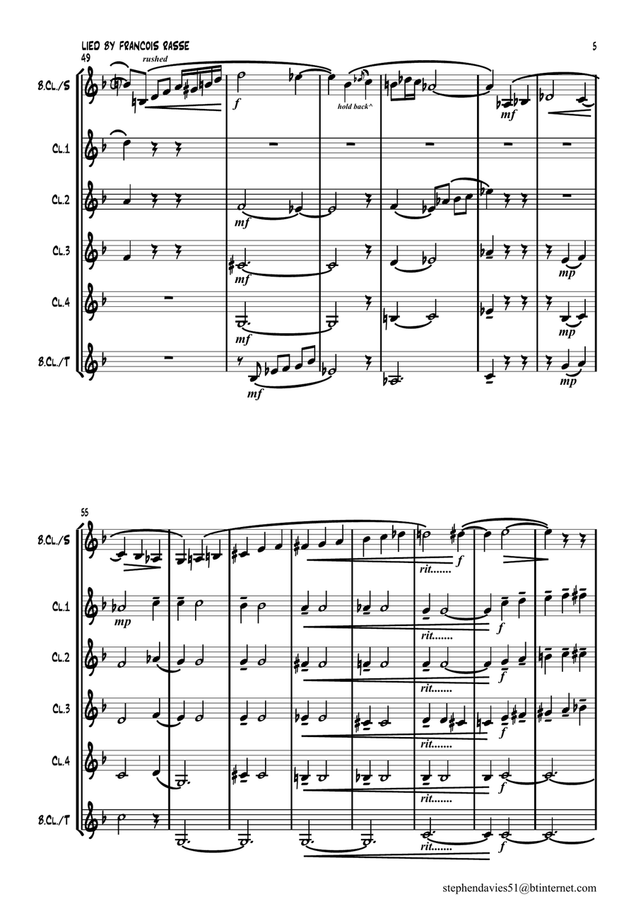 'Lied' (Song) By Francois Rasse for Solo Bass Clarinet & Clarinet Quintet Clarinet Quintet scores gallery preview page 5