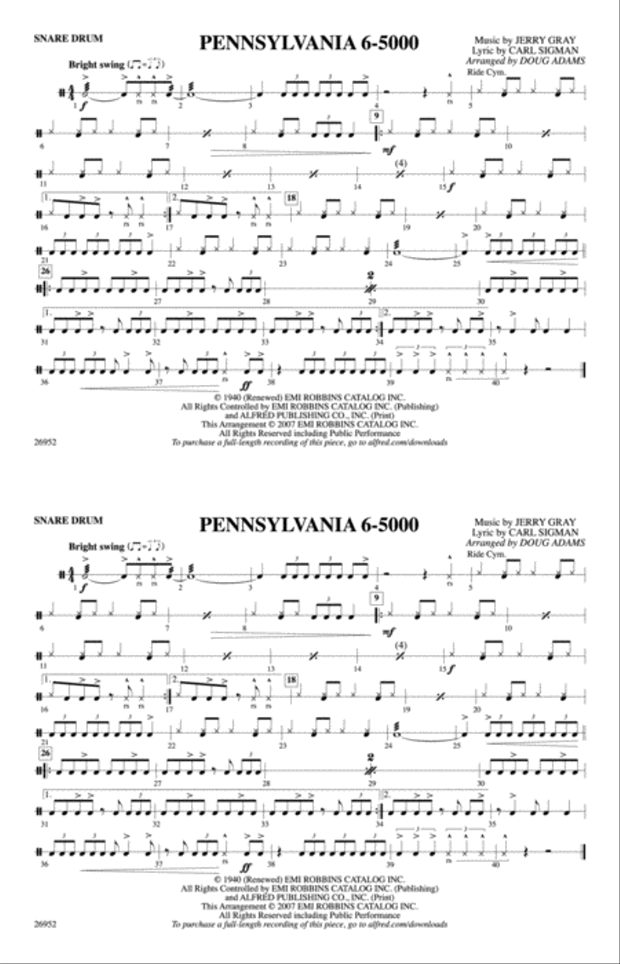 Pennsylvania 6-5000: Snare Drum Marching Band scores gallery preview page 1
