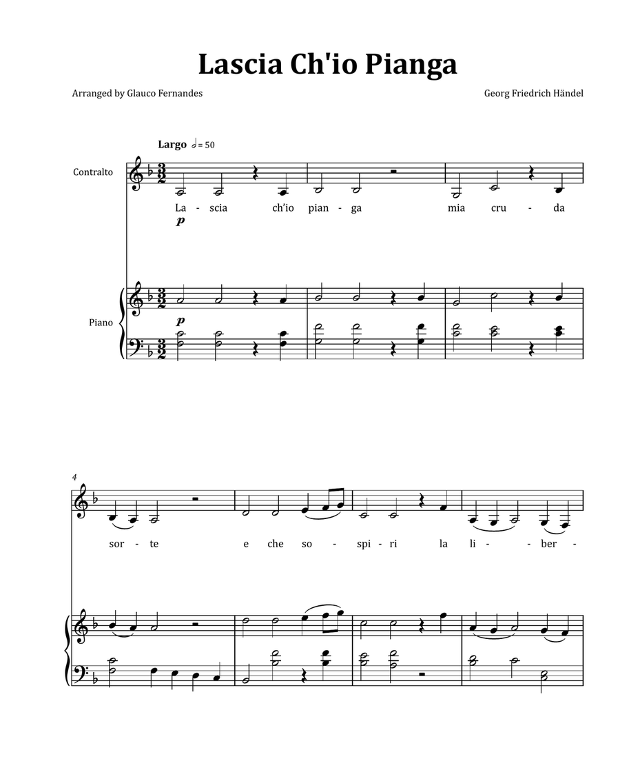 Lascia Ch'io Pianga by Händel - Contralto & Piano in F Major Chamber Music scores gallery preview page 1