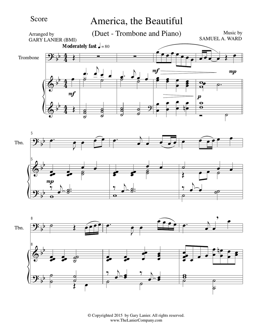AMERICA THE BEAUTIFUL Duet Trombone and Piano Score and Parts