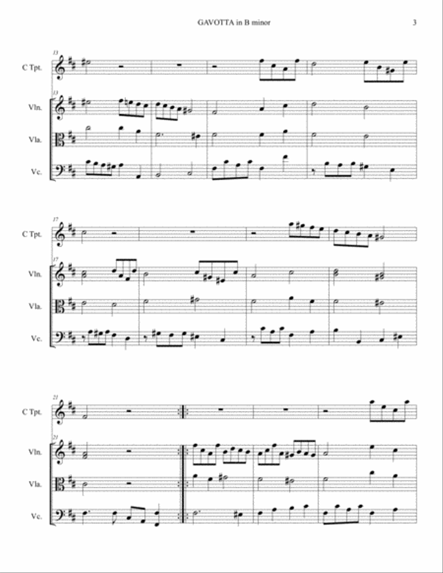 GAVOTTA in B Minor - Zipoli - Arr. for Trumpet in C and String Trio Small Ensemble scores gallery preview page 3