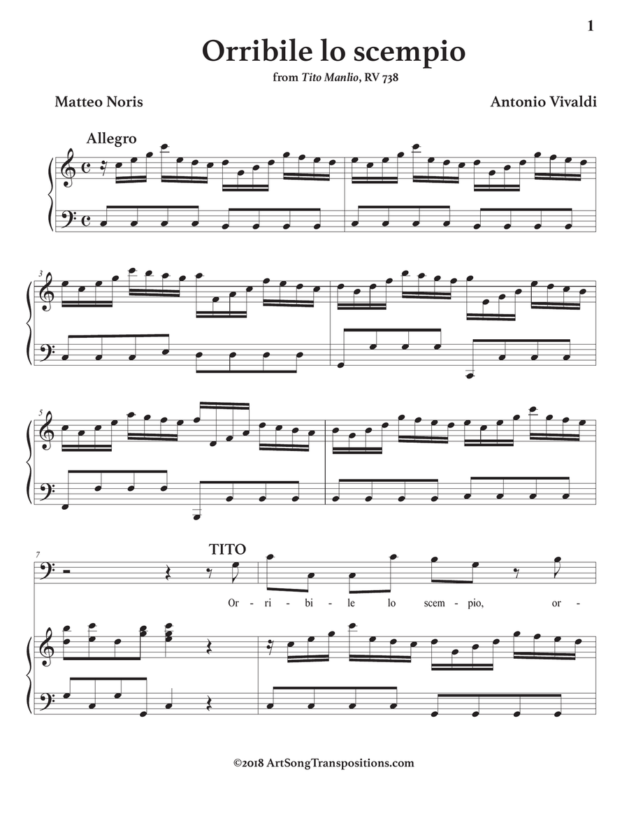 VIVALDI: Orribile lo scempio (transposed to C major) Piano, Vocal scores gallery preview page 2