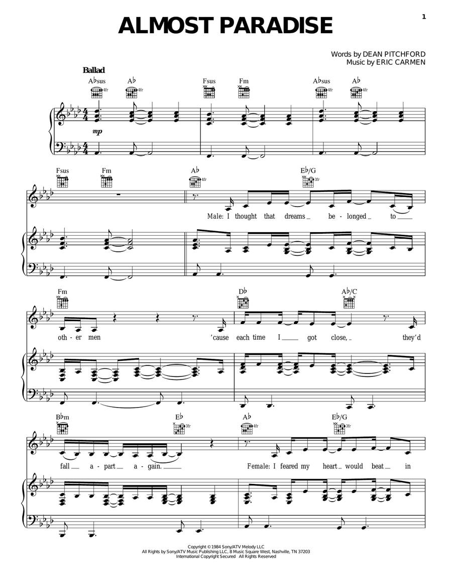 Almost Paradise Piano, Vocal, Guitar scores gallery preview page 1