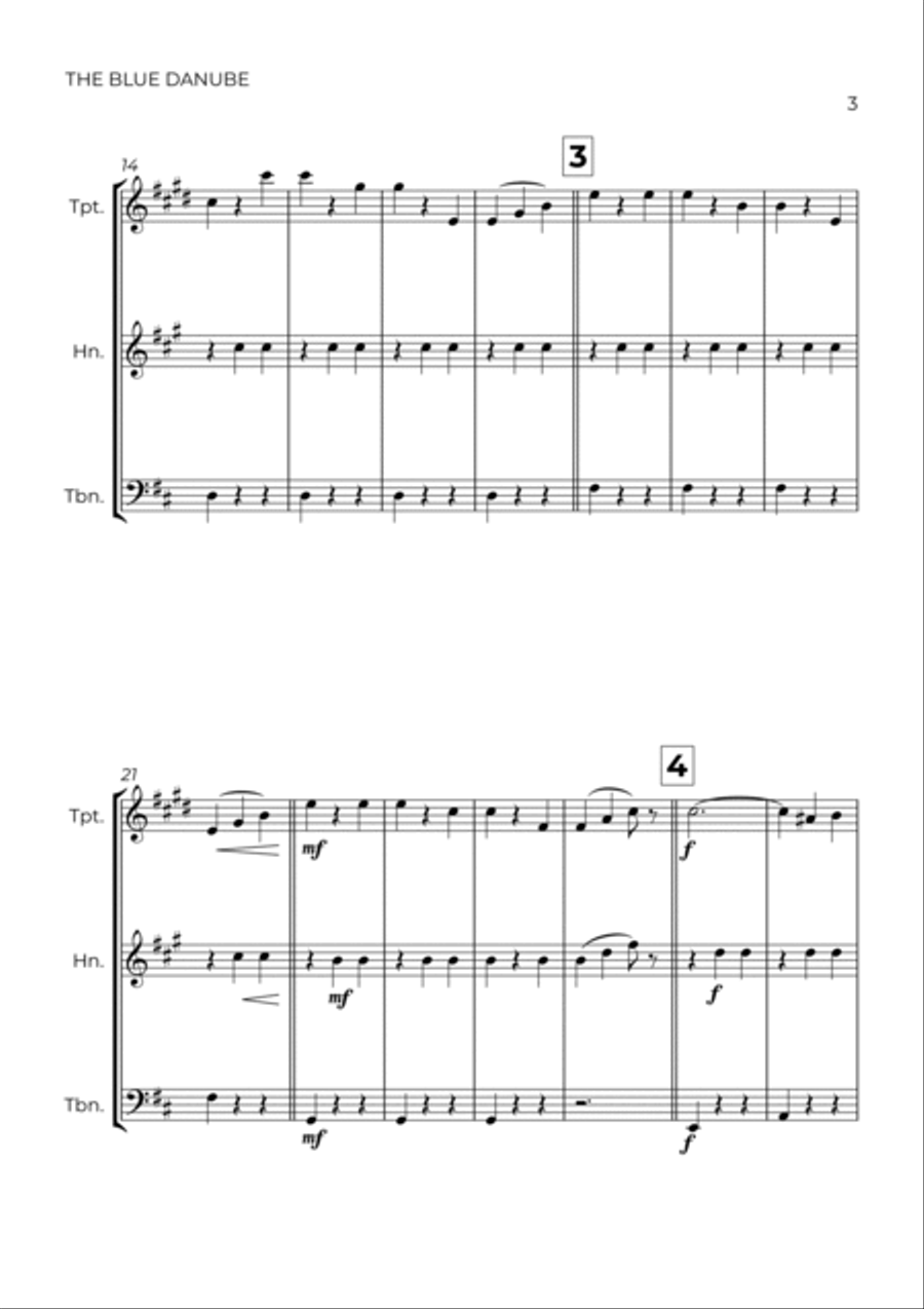 THE BLUE DANUBE - JOHANN STRAUSS - BRASS TRIO (TRUMPET, HORN & TROMBONE) Brass Trio scores gallery preview page 3
