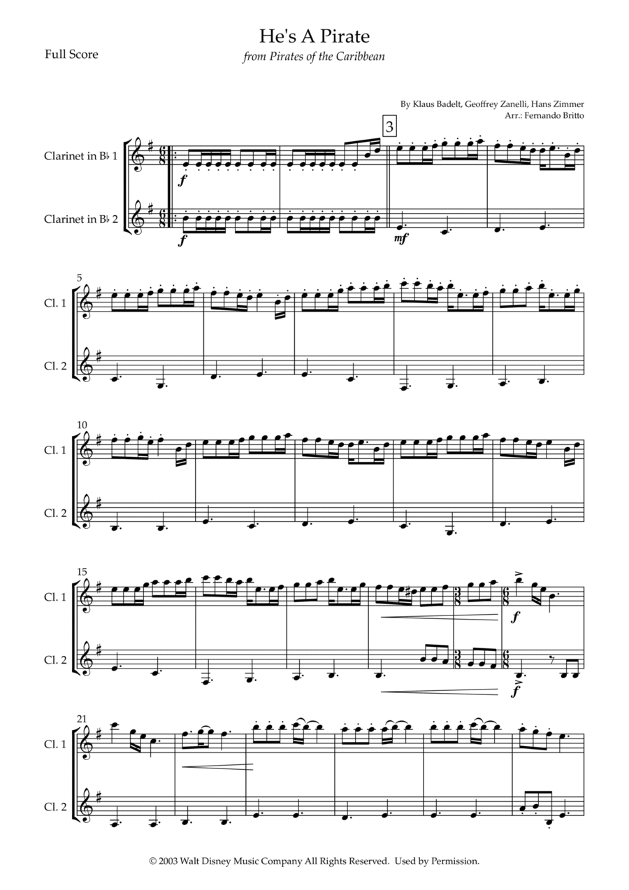He's A Pirate Clarinet Duet scores gallery preview page 1