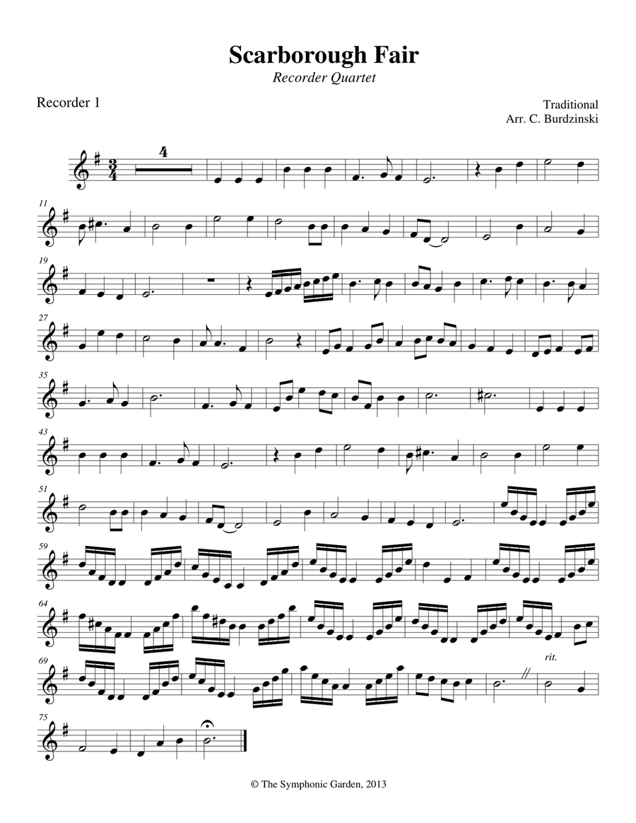 Scarborough Fair - recorder or flute quartet Flute Quartet scores gallery preview page 6