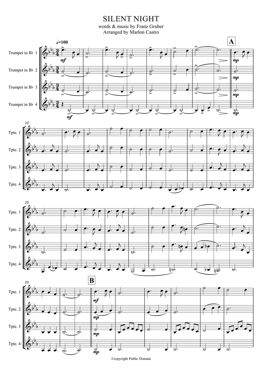 SILENT NIGHT - Trumpet Quartet Brass Ensemble scores gallery preview page 1