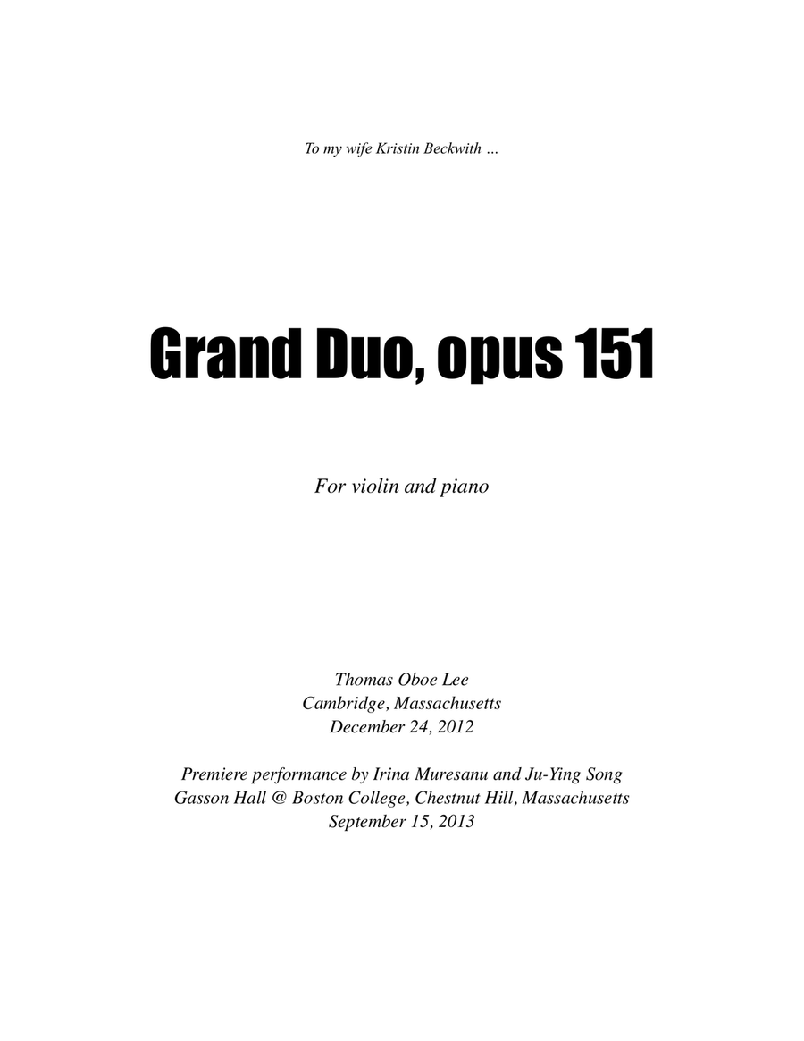 Grand Duo, opus 151 (2012) full score for violin and piano Violin Solo scores gallery preview page 1