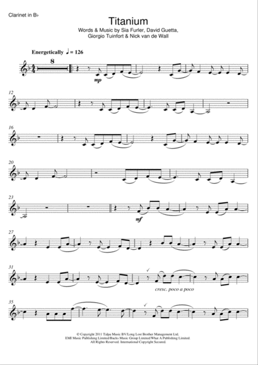Titanium (featuring Sia) Clarinet Solo scores gallery preview page 1