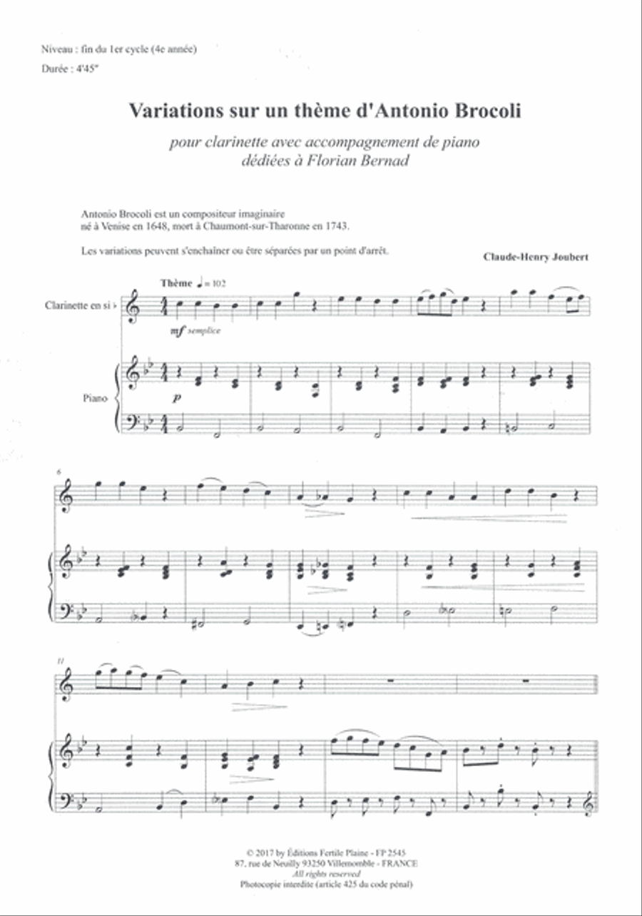 Variations Sur Un Thème D'A. Brocoli Clarinet Solo scores gallery preview page 1