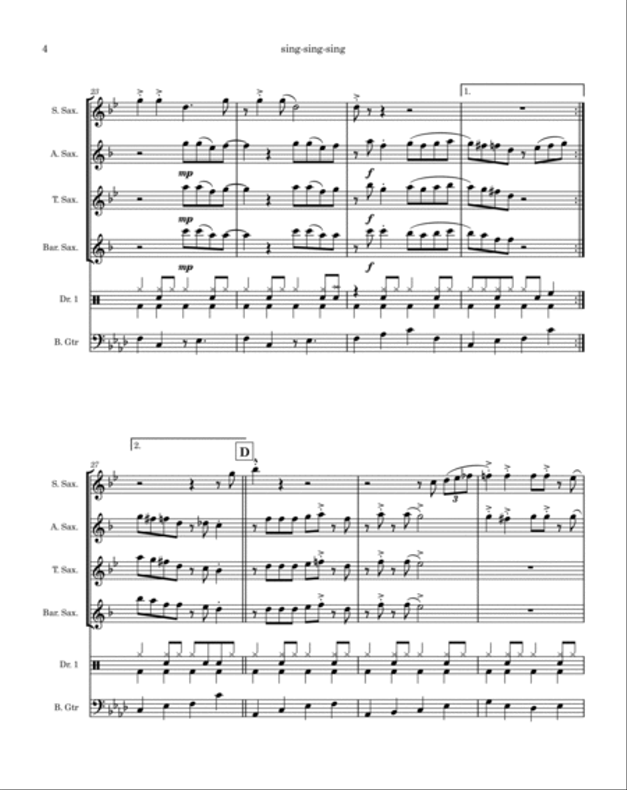 Sing, Sing, Sing Saxophone Quartet scores gallery preview page 4