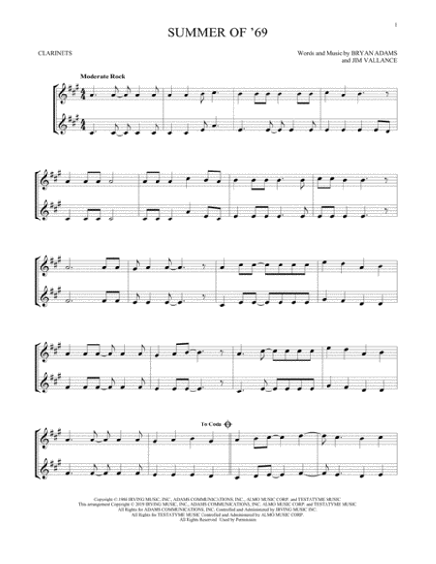 Summer Of '69 Summer Of '69 Clarinet Duet scores gallery preview page 1