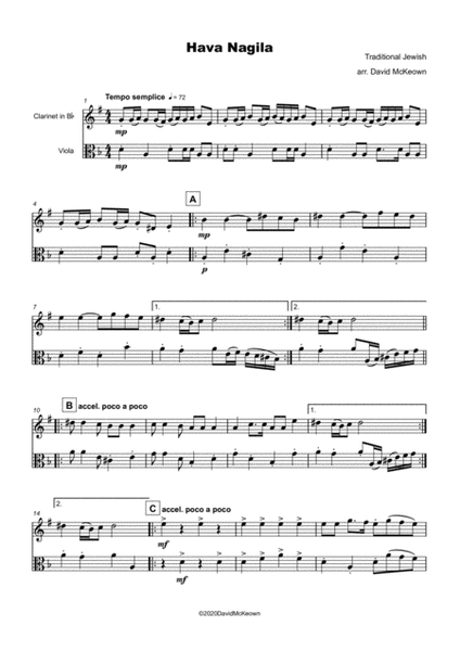 Hava Nagila, Klezmer tune for Clarinet and Viola Duet