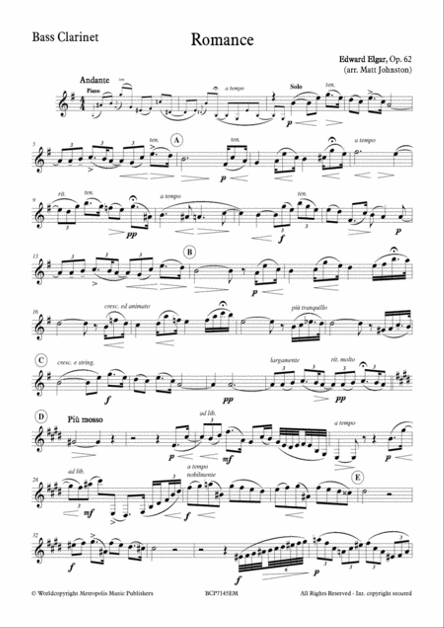 Romance, Op. 62 for Bass Clarinet and Piano