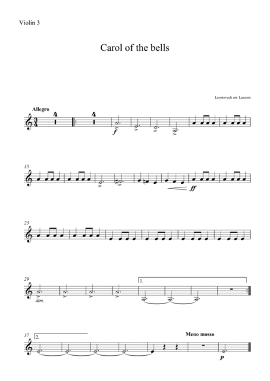 Carol of the bells for four violins Violin scores gallery preview page 3