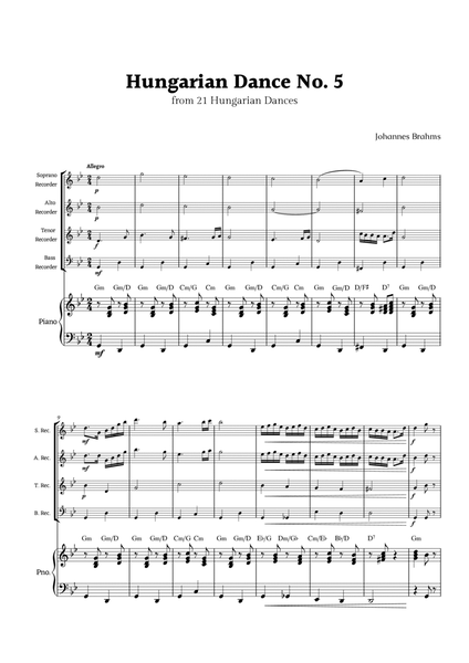 Hungarian Dance No. 5 by Brahms for Recorder Ensemble Quartet and Piano image number null