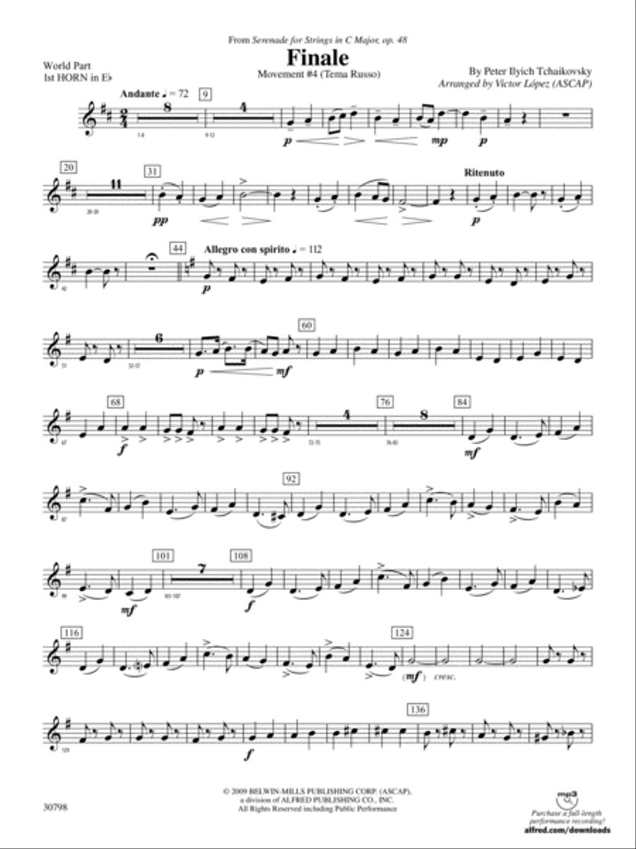 Finale (from Serenade for Strings in C Major, Op. 48, Movement #4 (Terma Russo)): (World Part) 1st Horn in E-flat Concert Band scores gallery preview page 1