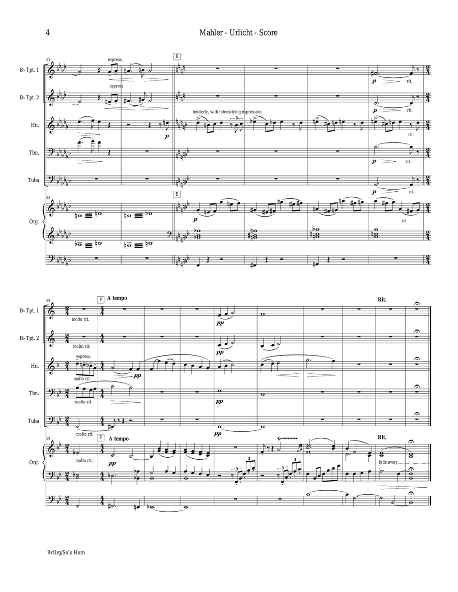 Urlicht (Primeval Light), Fourth Movement, Symphony No. 2 (for Brass Quintet [Horn Solo] & Organ) Brass Ensemble scores gallery preview page 5