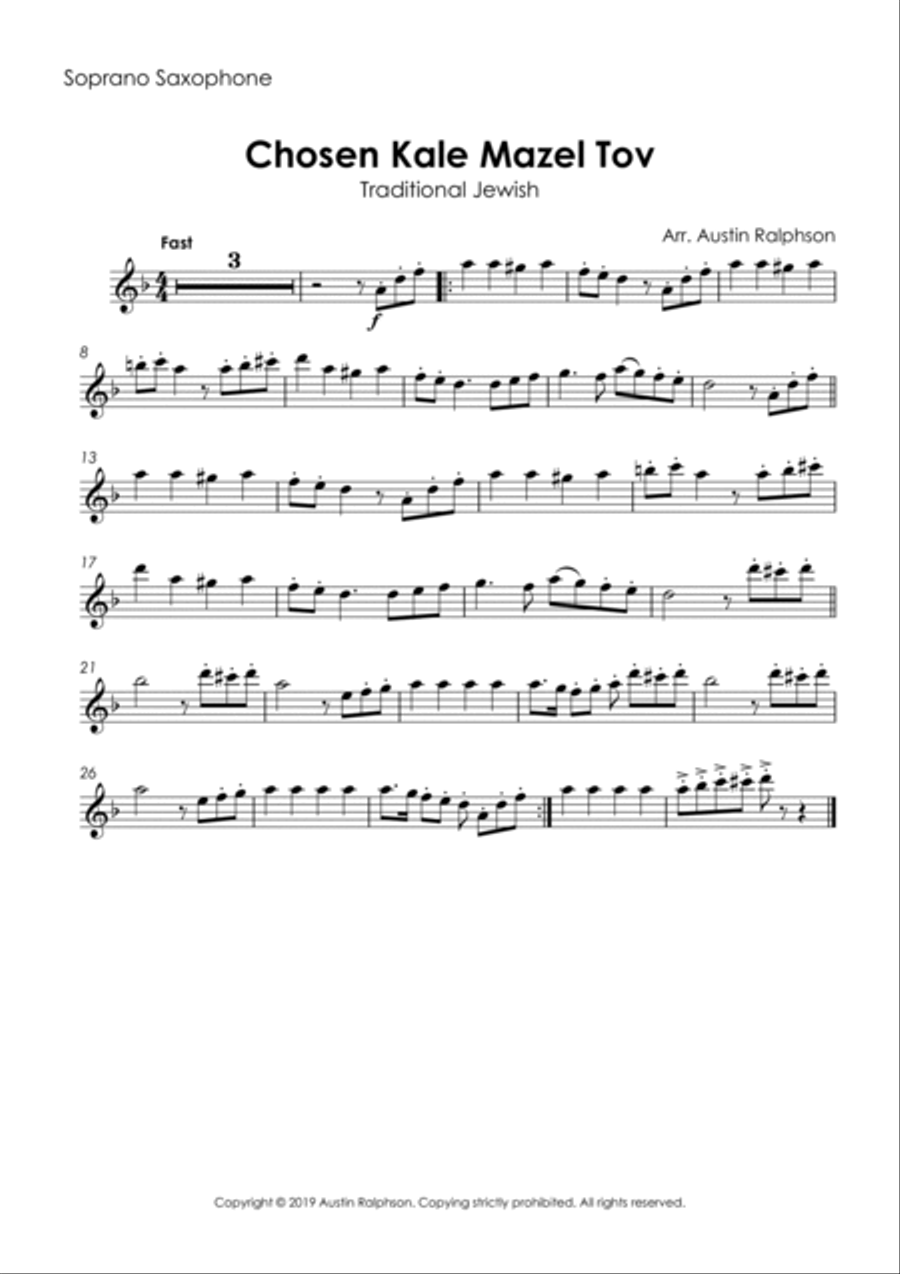 Chosen Kale Mazel Tov חתן וכלה ברכות (Jewish Wedding) - sax quartet Saxophone Quartet scores gallery preview page 3