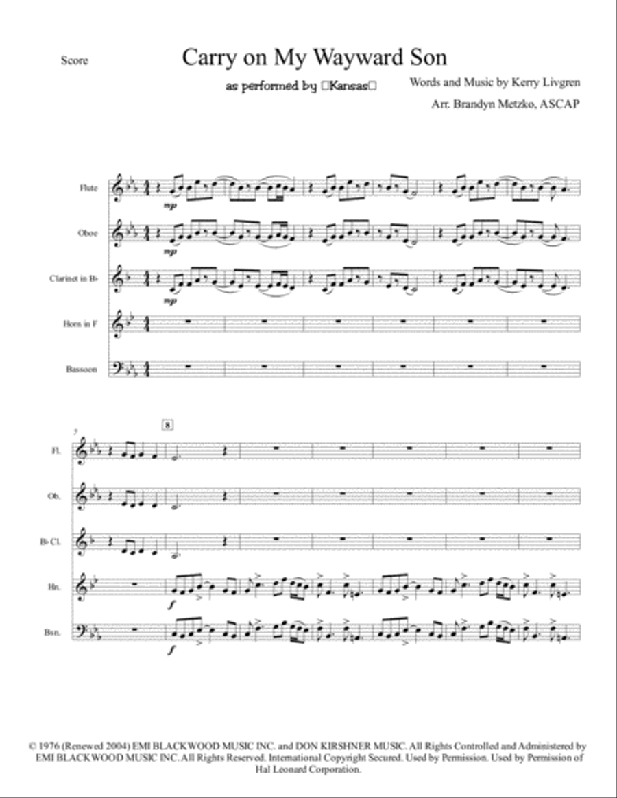 Carry On Wayward Son Woodwind Quintet scores gallery preview page 1