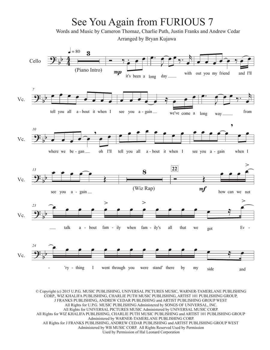 See You Again from FURIOUS 7 Cello Solo scores gallery preview page 1