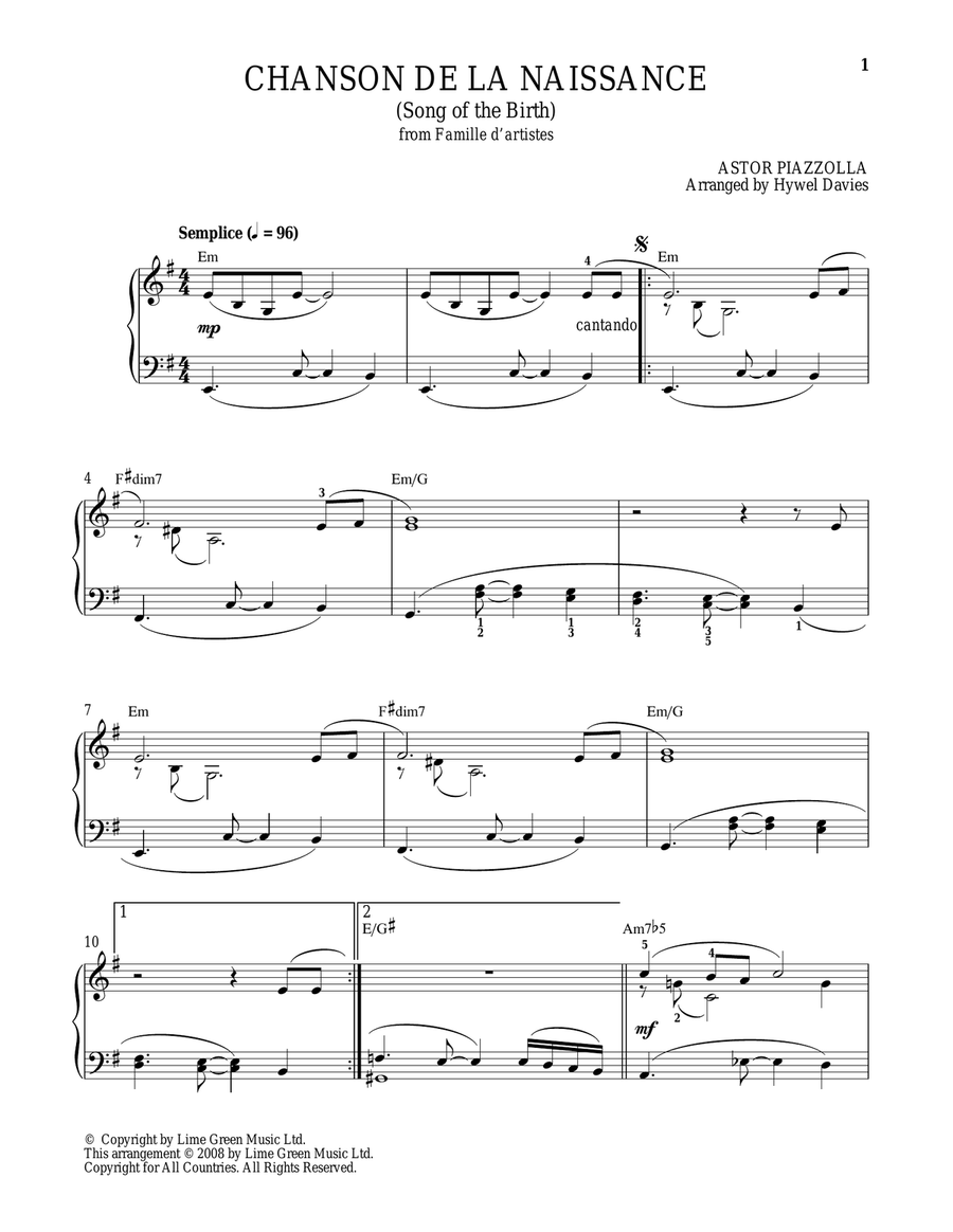 Chanson De La Naissance Piano Solo scores gallery preview page 1