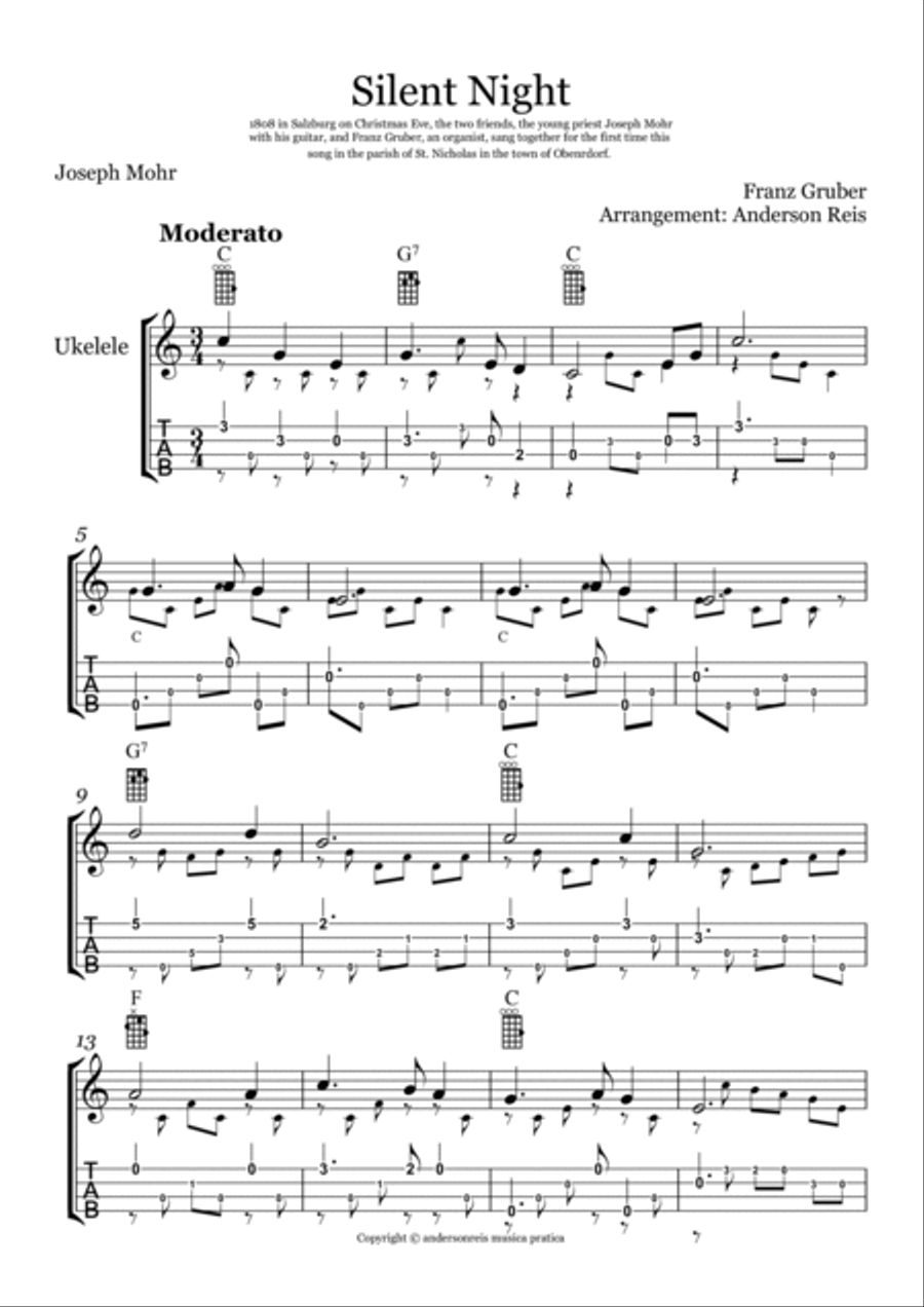 Silent Night (Stille Nacht) Noite feliz for ukulele solo (fingerstyle) Ukulele scores gallery preview page 2