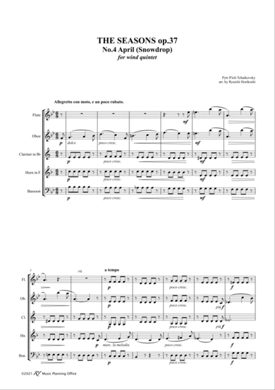 Tchaikovsky: The Seasons Op37 No.4 April (Snowdrop) Woodwind Quintet scores gallery preview page 3