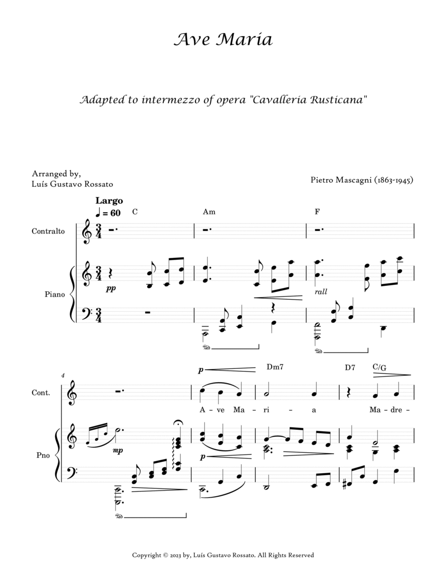Mascagni - Ave Maria ( CONTRALTO - C Major) Piano scores gallery preview page 1
