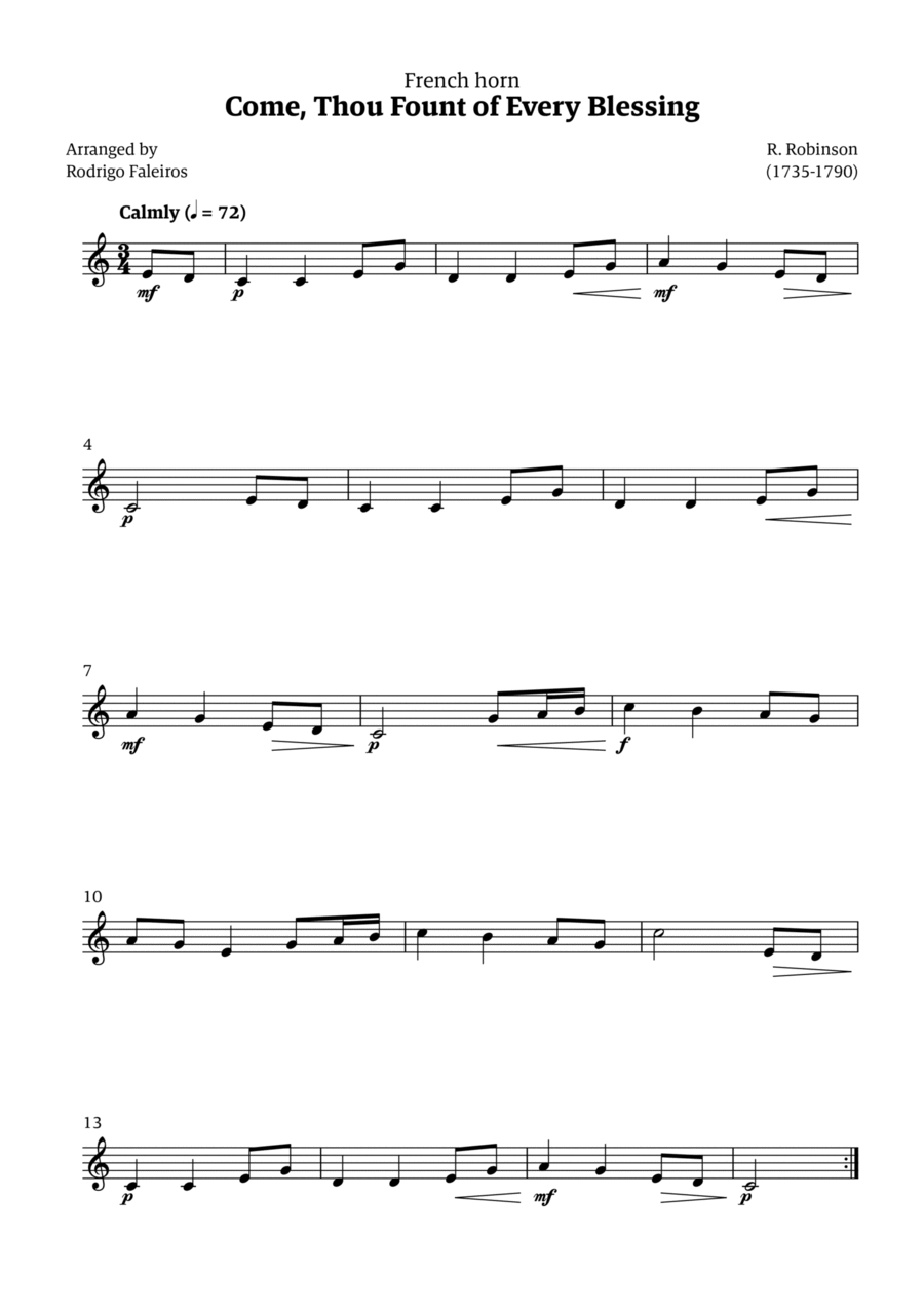 Come Thou Fount of Every Blessing Horn Solo scores gallery preview page 1