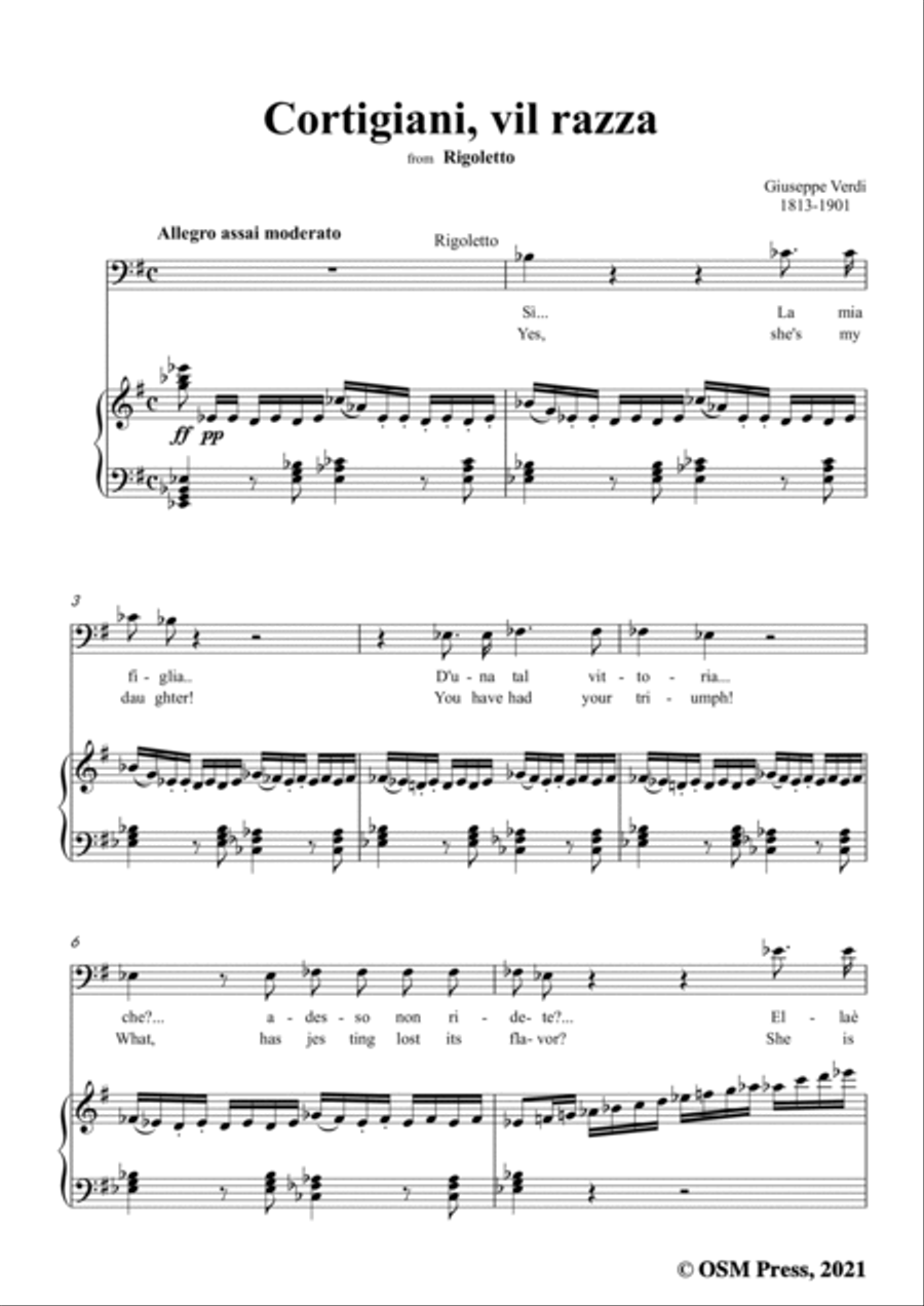 Verdi-Cortigiani,vil razza,in e minor,from Rigoletto(Melodramma in tre atti),for Voice and Piano Voice Solo scores gallery preview page 3
